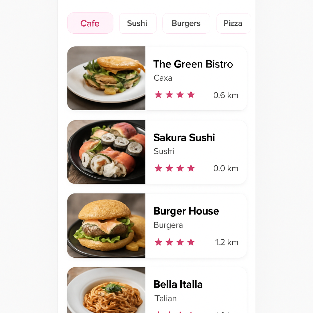 DineNear restaurant list with category filters